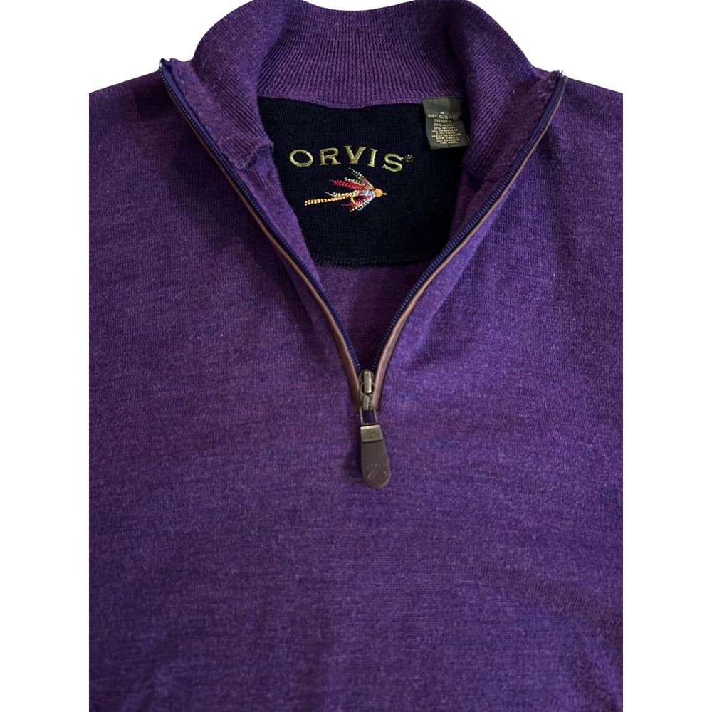 Orvis Quarter Zip Sweater Mens Medium Purple Excellent 100% Wool Leather Trim